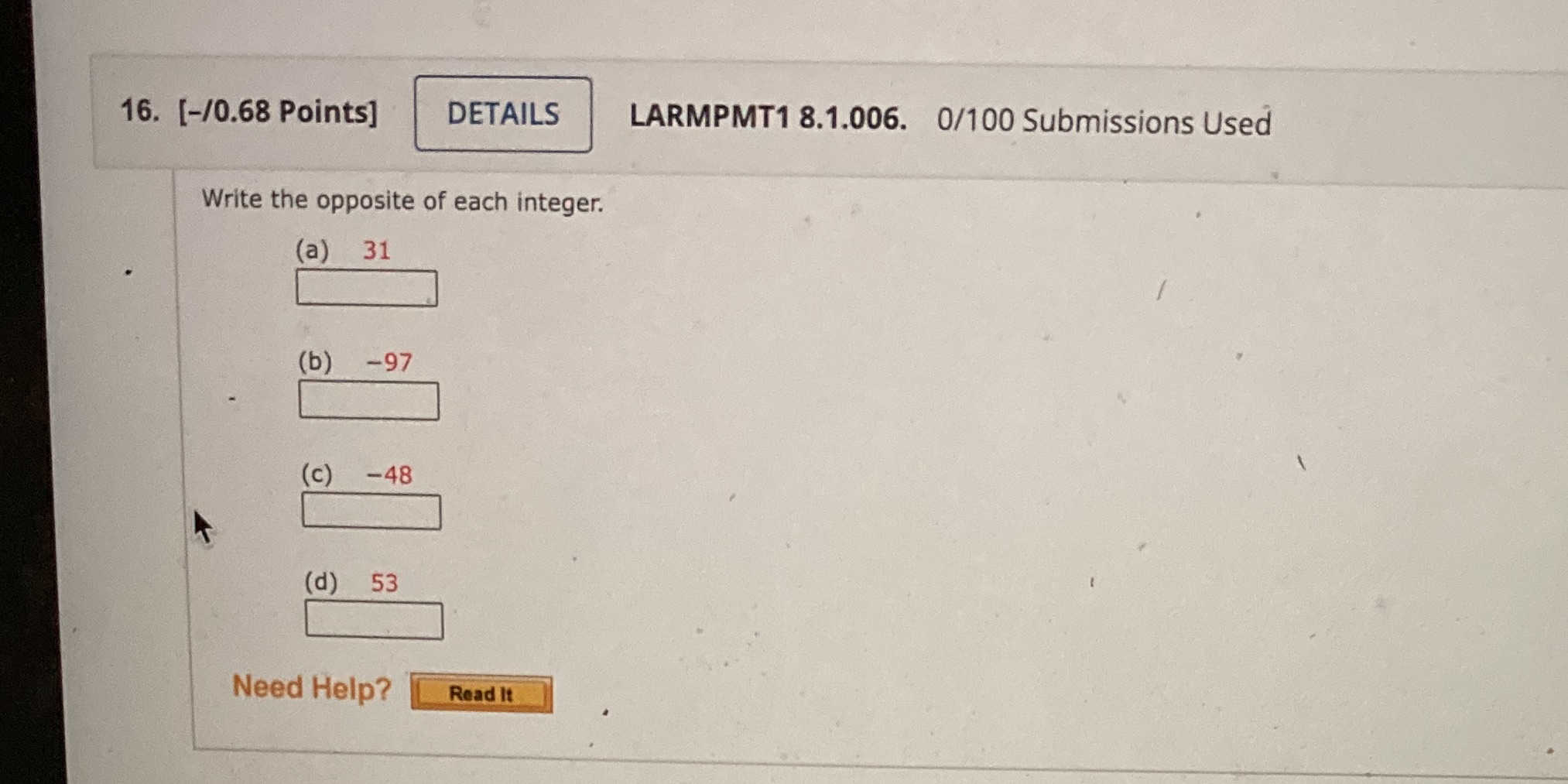 16. [-/0.68 Points] DETAILS LARMPMT1 8.1.006.