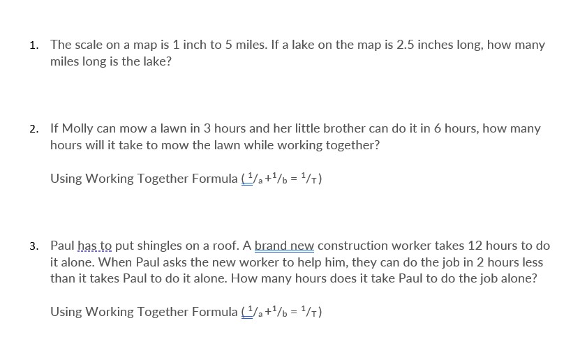 1. The scale on a map is 1 inch to 5 miles. If a