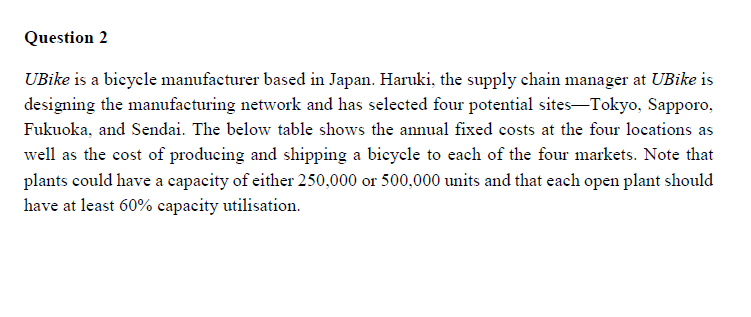 Question 2 UBike is a bicycle manufacturer based