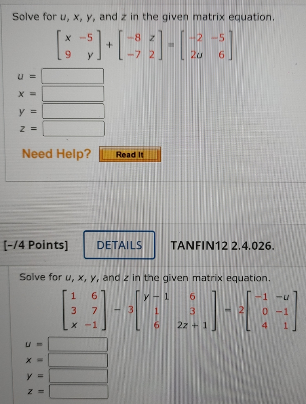 Finite Math 200 Question Help Solve for u, x, y,