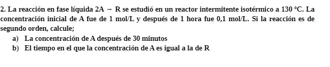 2. La reaccion en fase liquida 2A - R se estudio