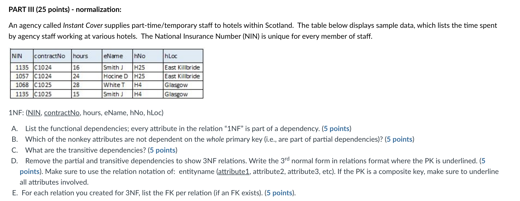 PART III (25 points) - normalization: An agency