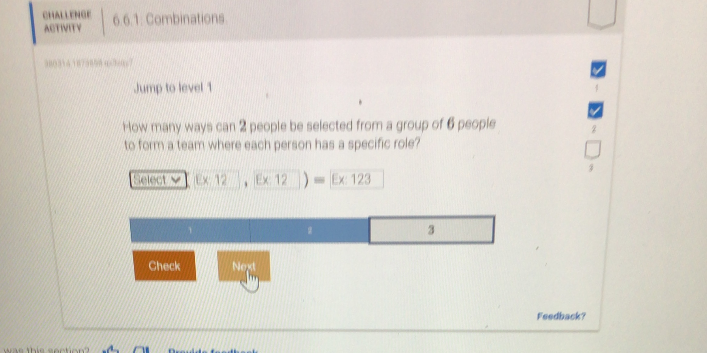 CHALLENGE ACTIVITY 6.6 1. Combinations Jump to