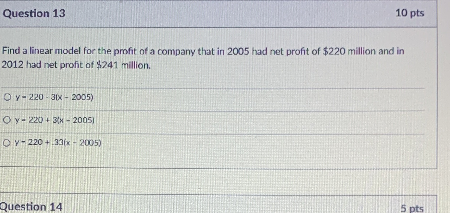Question 13 10 pts Find a linear model for the