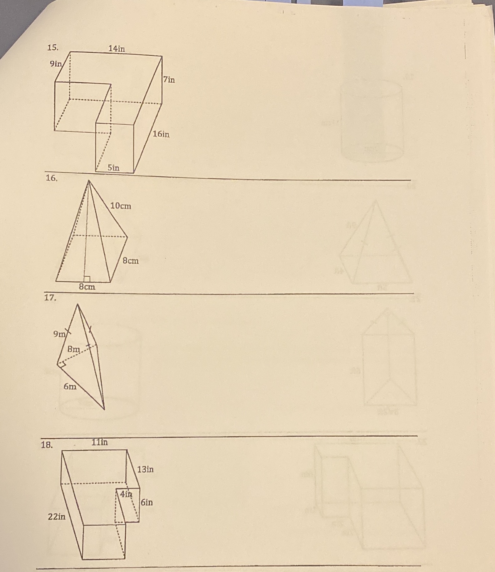 Find the TSA for each... 15. 14in 9in 7in 16in