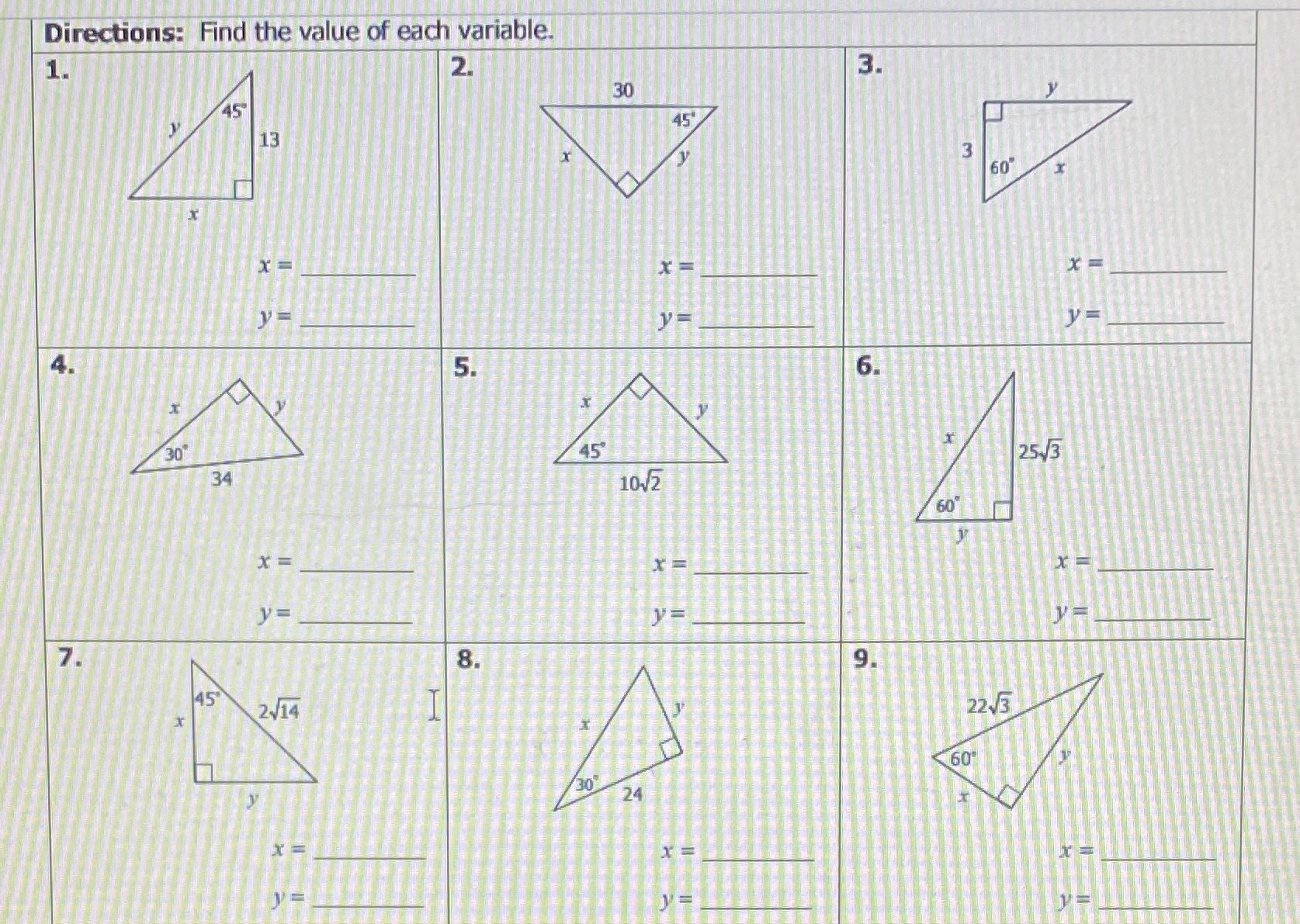 1-9 Directions: Find the value of each variable.