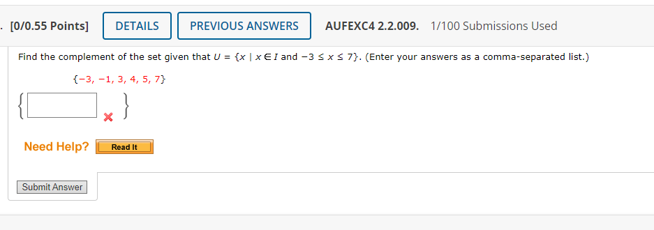 [0/0.55 Points] DETAILS PREVIOUS ANSWERS AUFEXC4