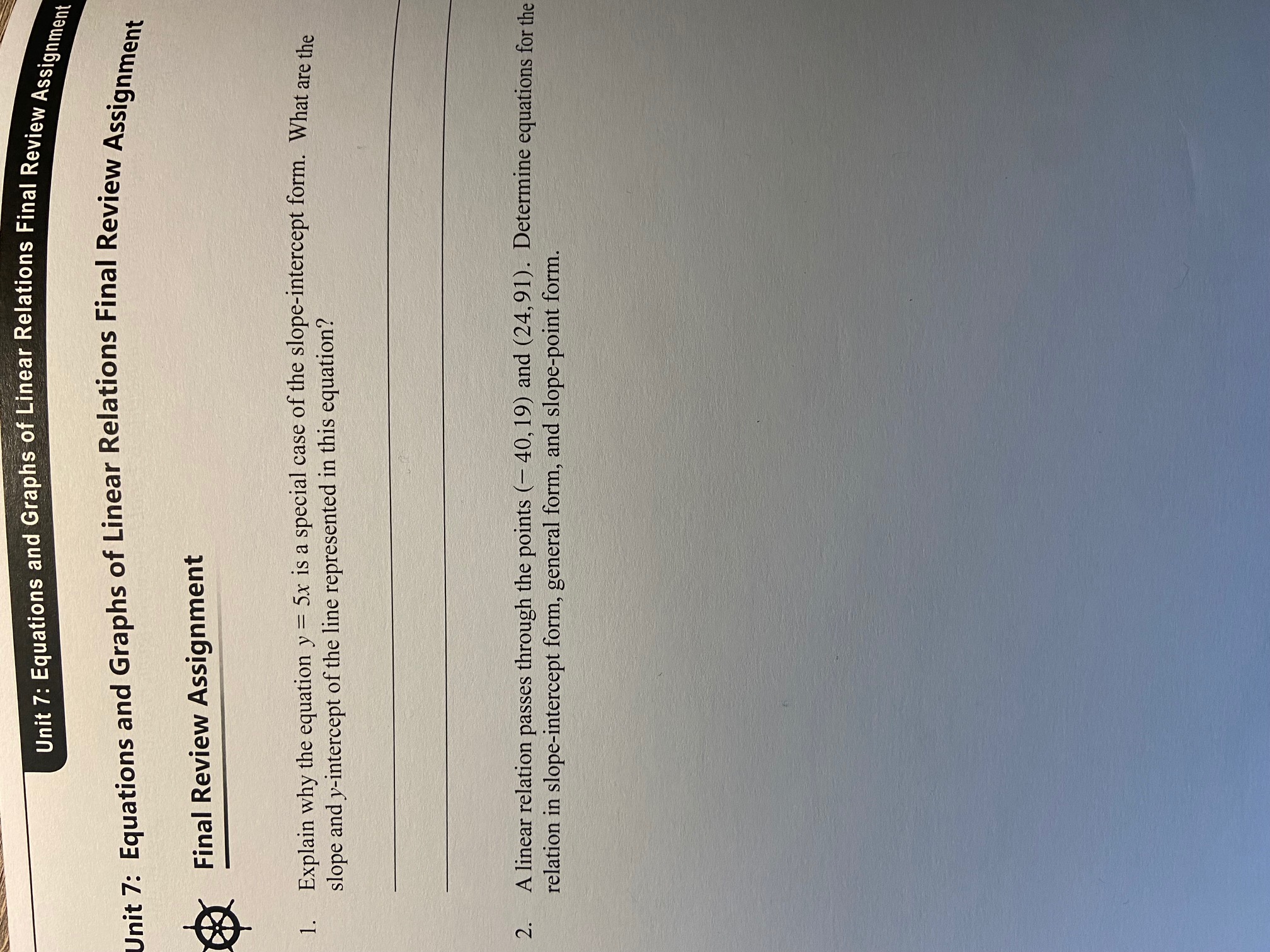 Unit 7: Equations and Graphs of Linear Relations