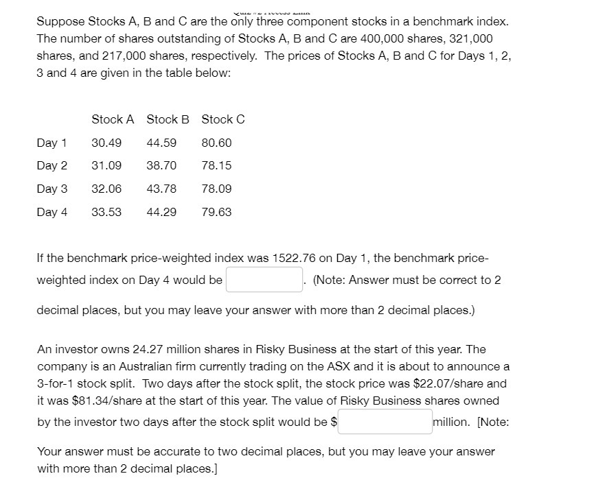 um"... .nuumw Suppose Stocks A, B and C are the