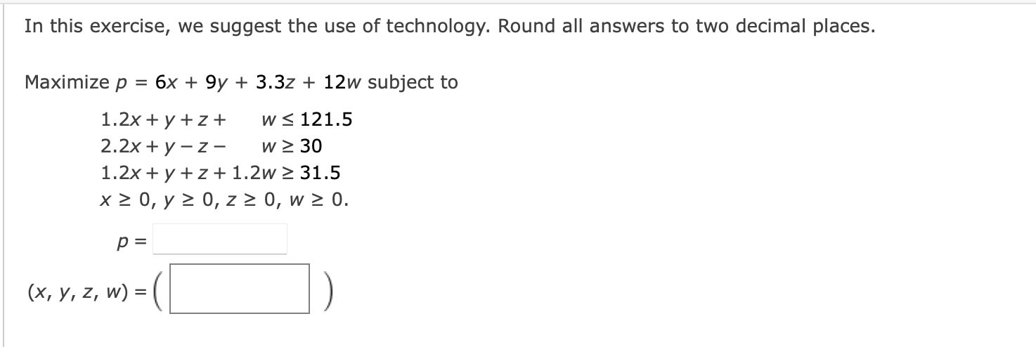 1. Maximize p = 10x + 20y + 15z subject to x + 2y