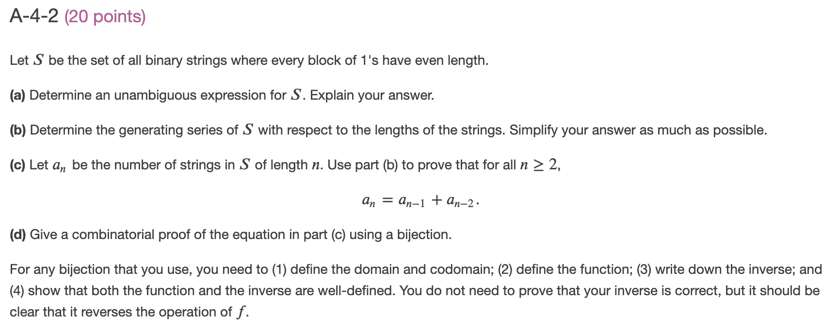 A42 (20 points) Let S be the set of all binary