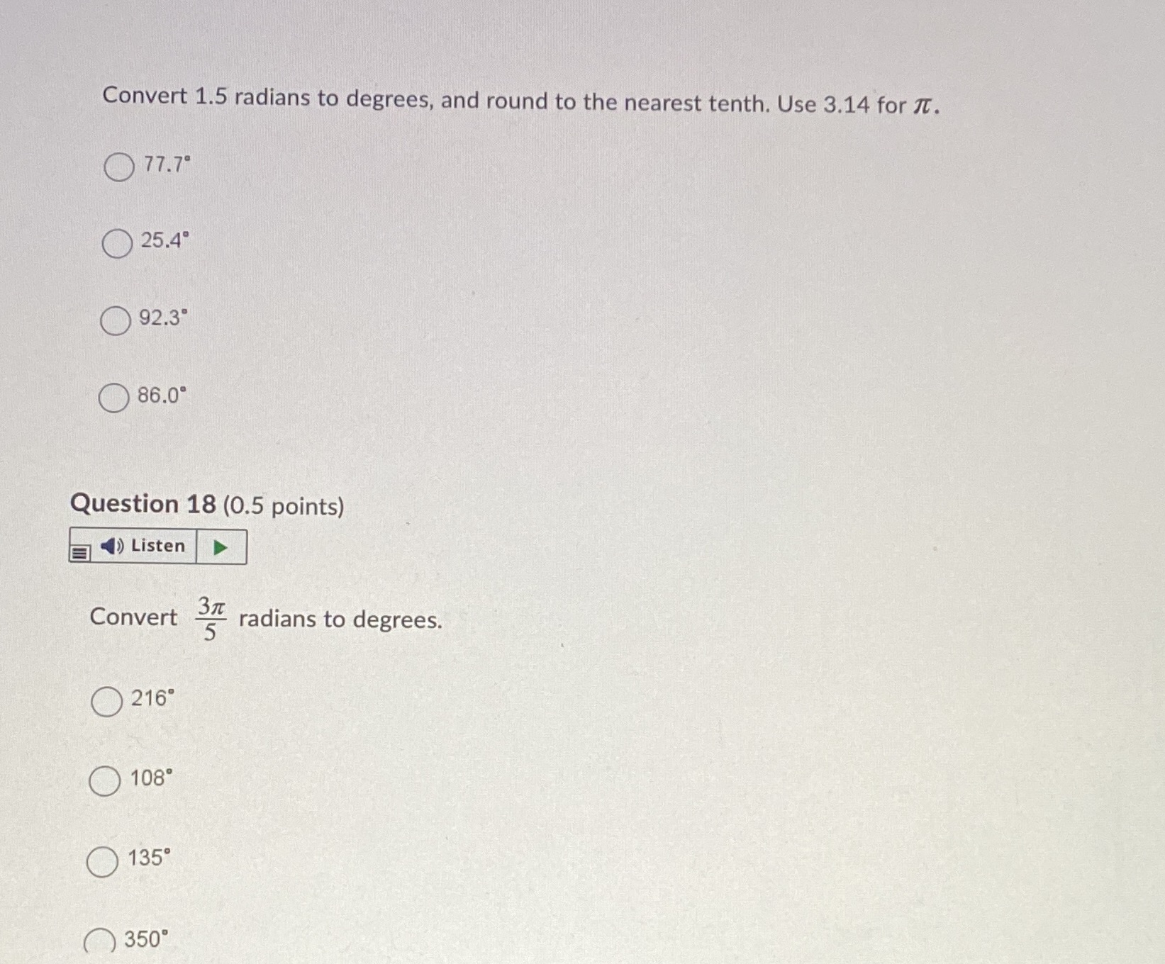 Convert 1.5 radians to degrees, and round to the