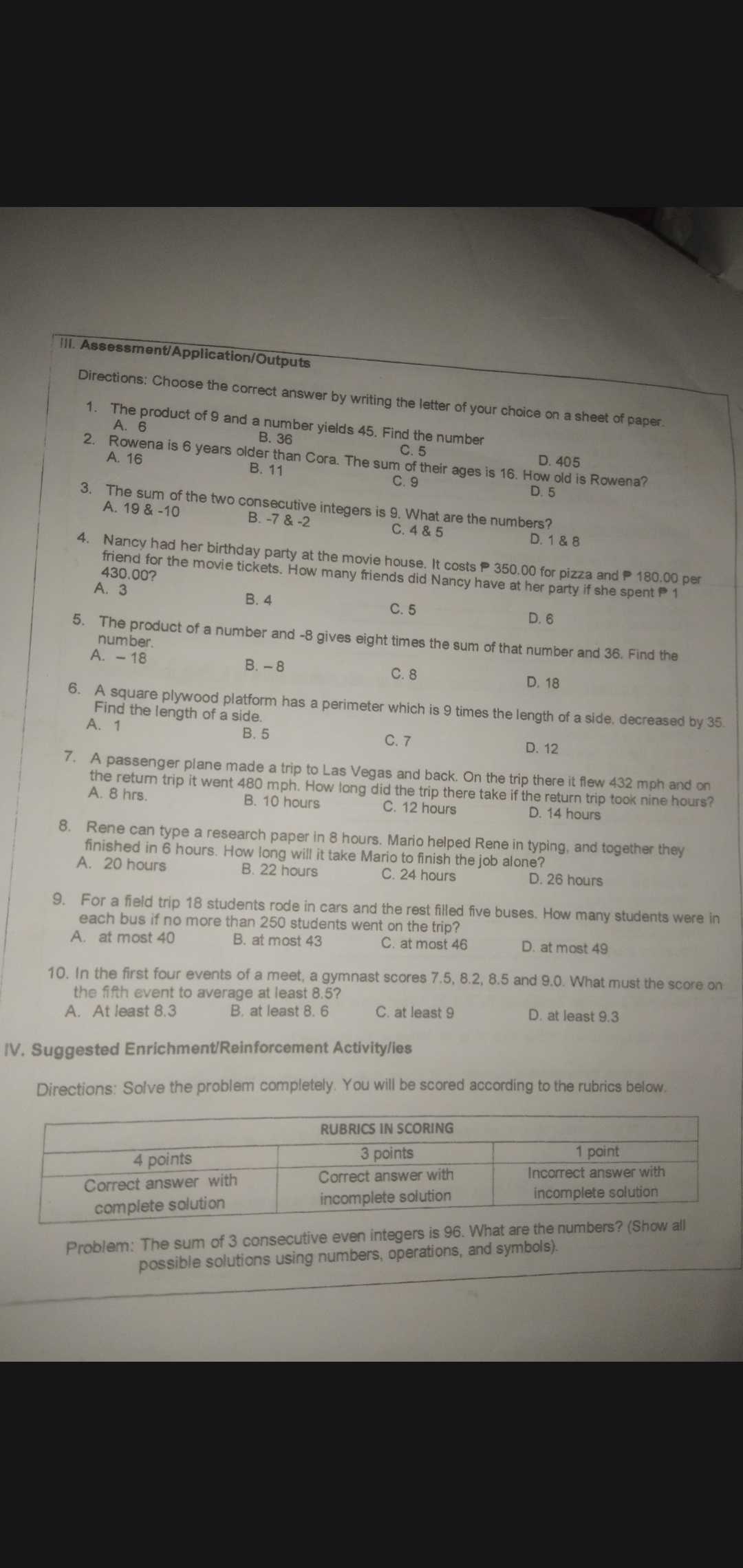 Ill. Assessment/ Application/Outputs Directions: