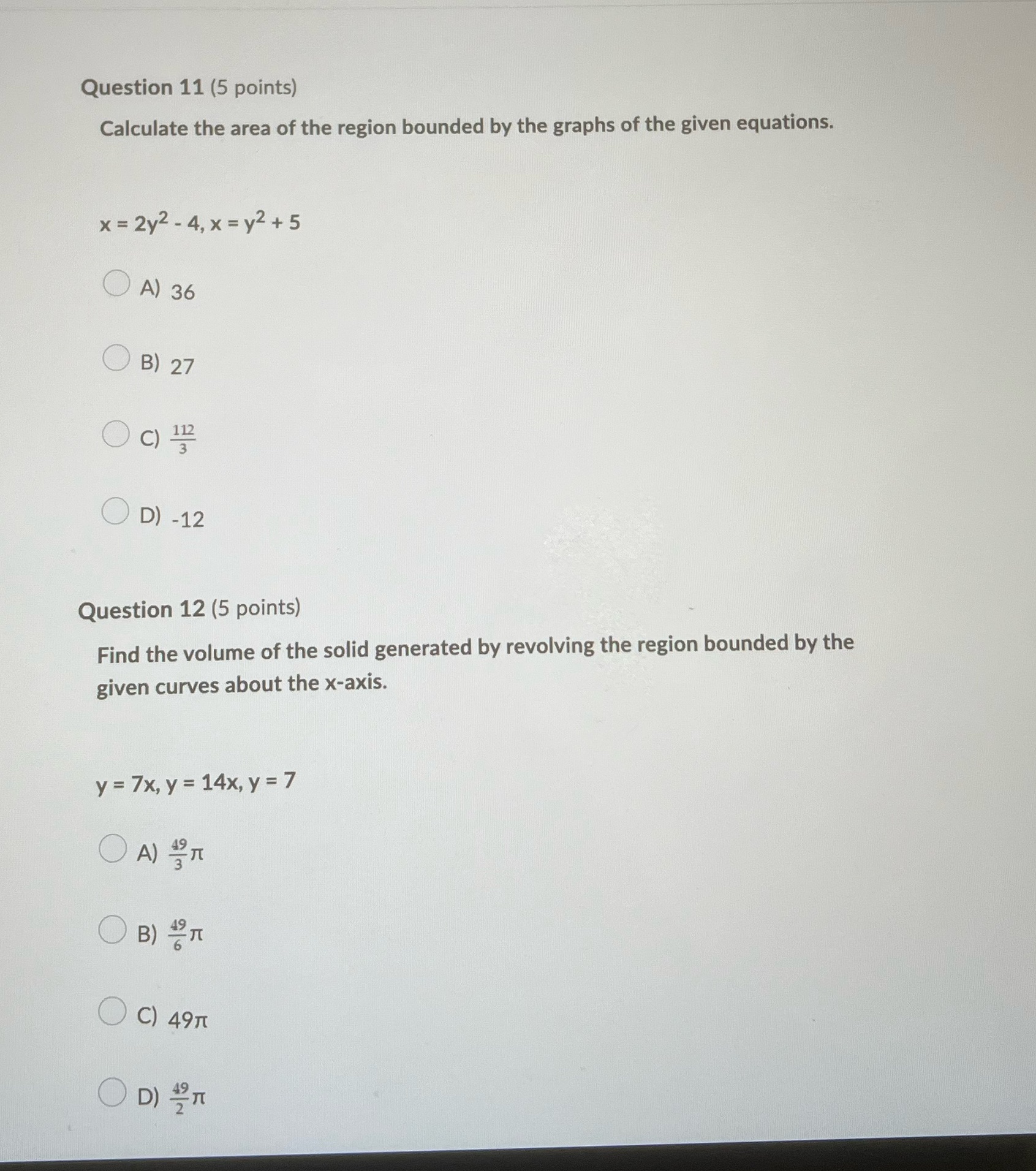 Q11.12 Question 11 (5 points) Calculate the area
