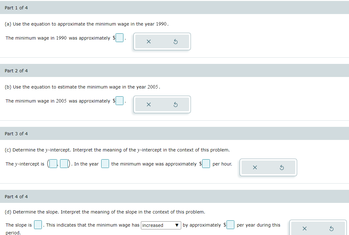 The minimum hourly wage,y (in dollars per hour},