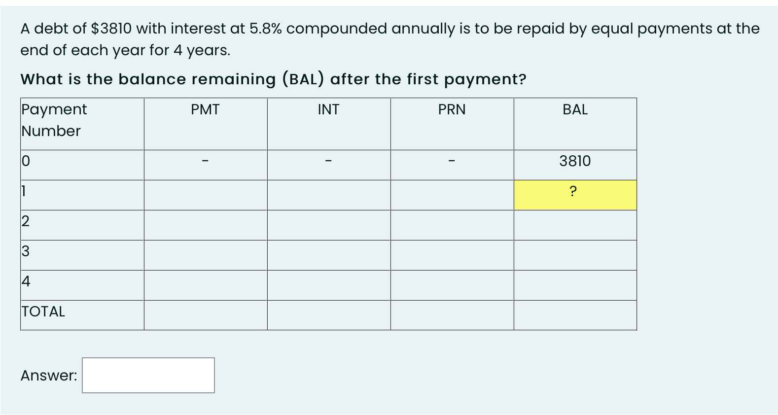 A debt of $3810 with interest at 5.8% compounded