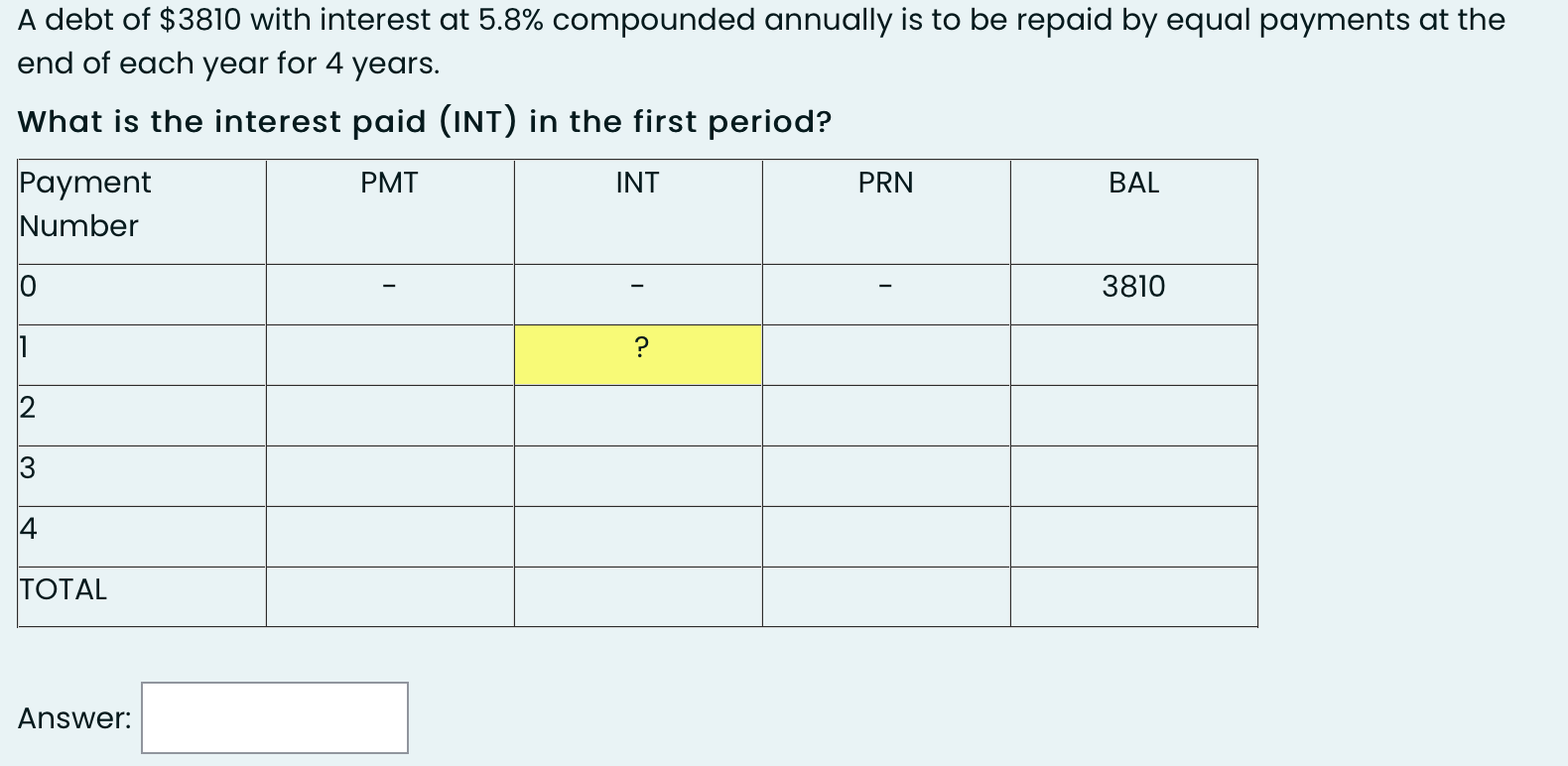 A debt of $3810 with interest at 5.8% compounded