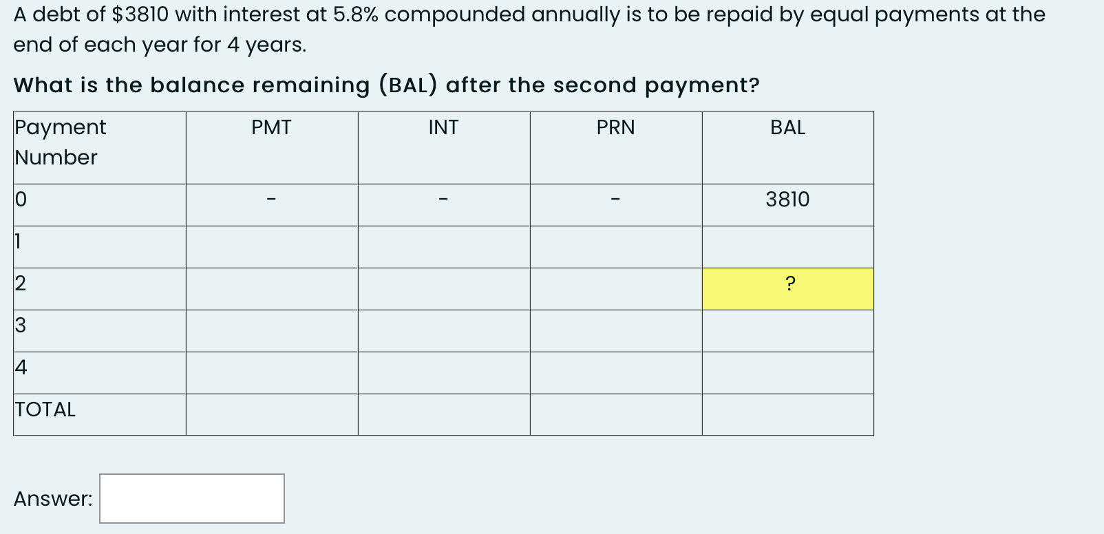 A debt of $3810 with interest at 5.8% compounded