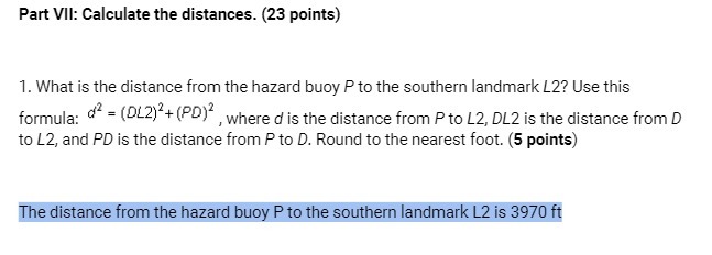 Part VII: Calculate the distances. (23 points) 1.
