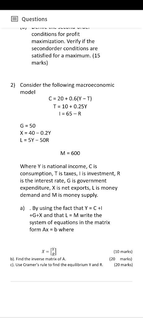 Questions conditions for profit maximization.