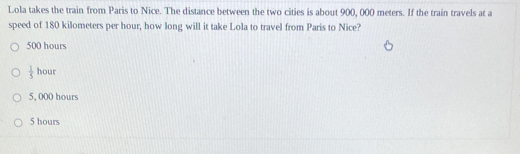 Lola takes the train from Paris to Nice. The