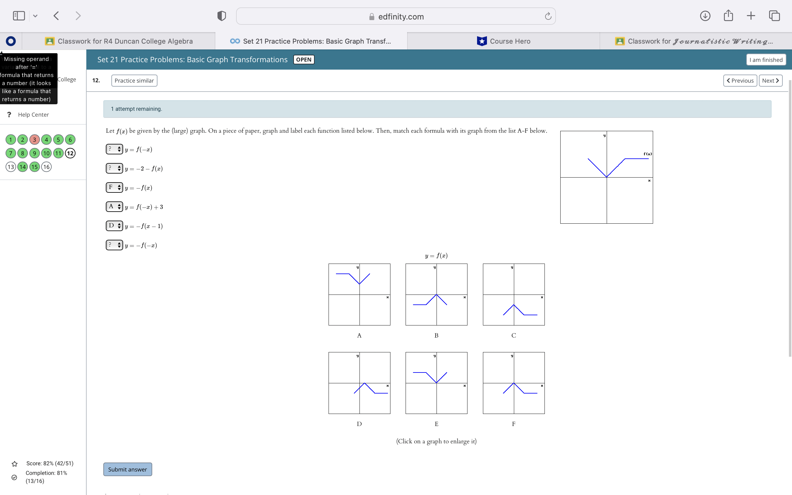 E v A edfinity.com C + O Classwork for R4 Duncan