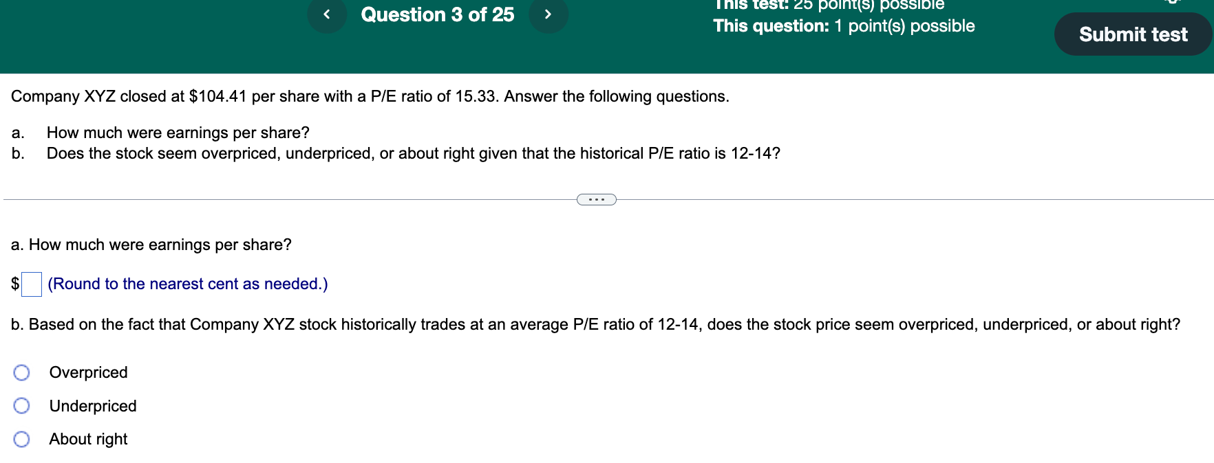 This question: 1 point(s) possible Submit test