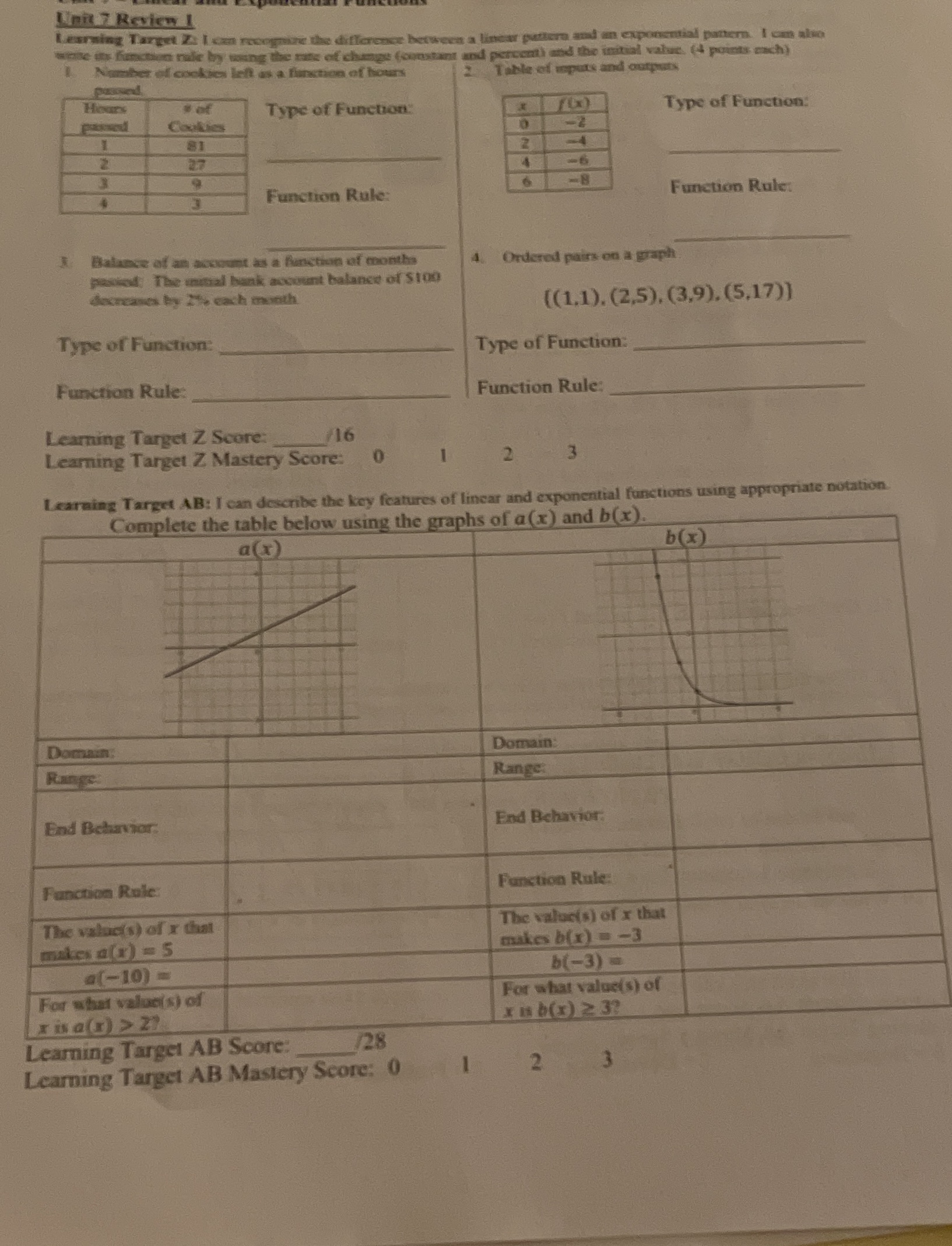 Unit 7 Review 1 Learwing Target 2: I can