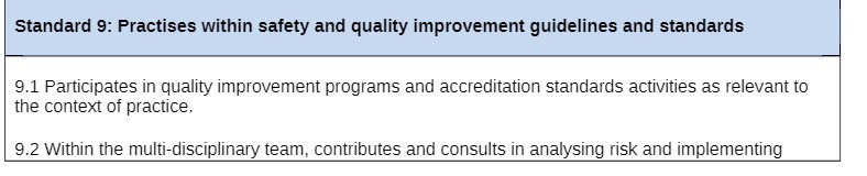 Standard 9: Practises within safety and quality