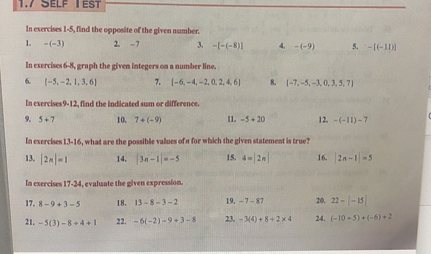 1./ SELF TEST In exercises 1-5, find the opposite