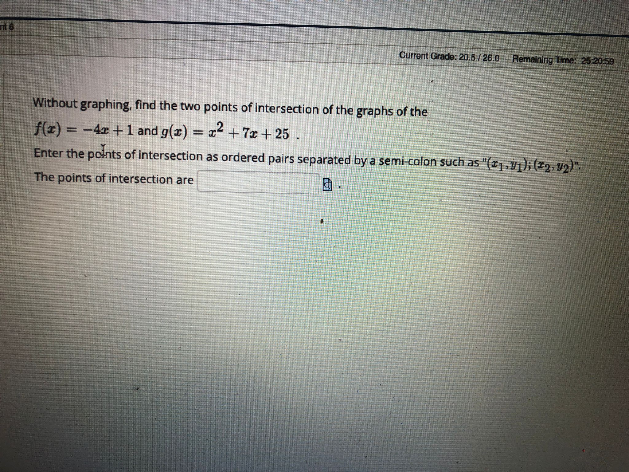 Current Grade: 20.5 /26.0 Remaining Time: