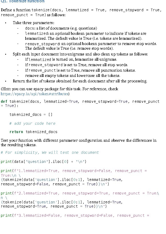 Q1. IDKenize function Define a function tokenize