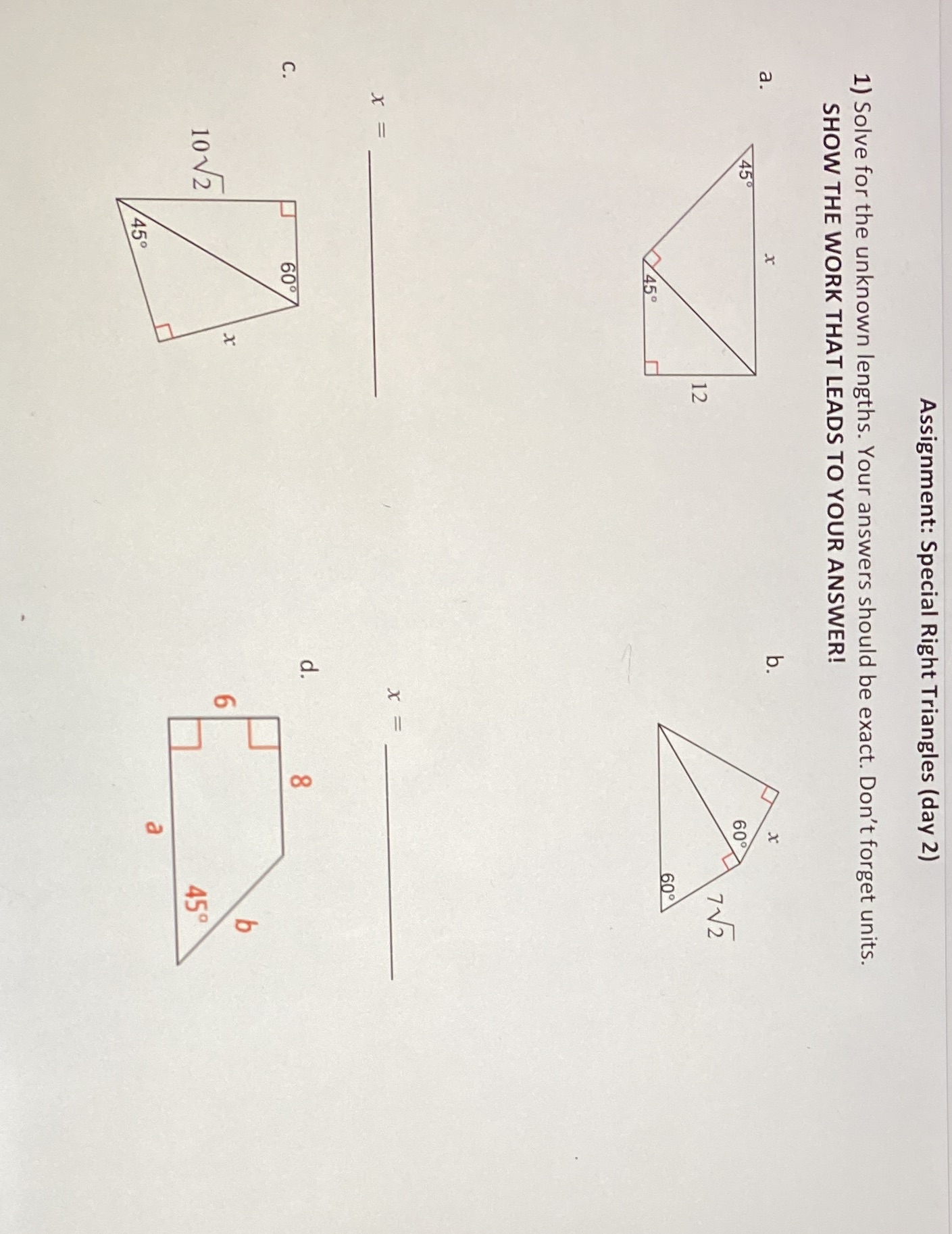 Assignment: Special Right Triangles (day 2) 1)