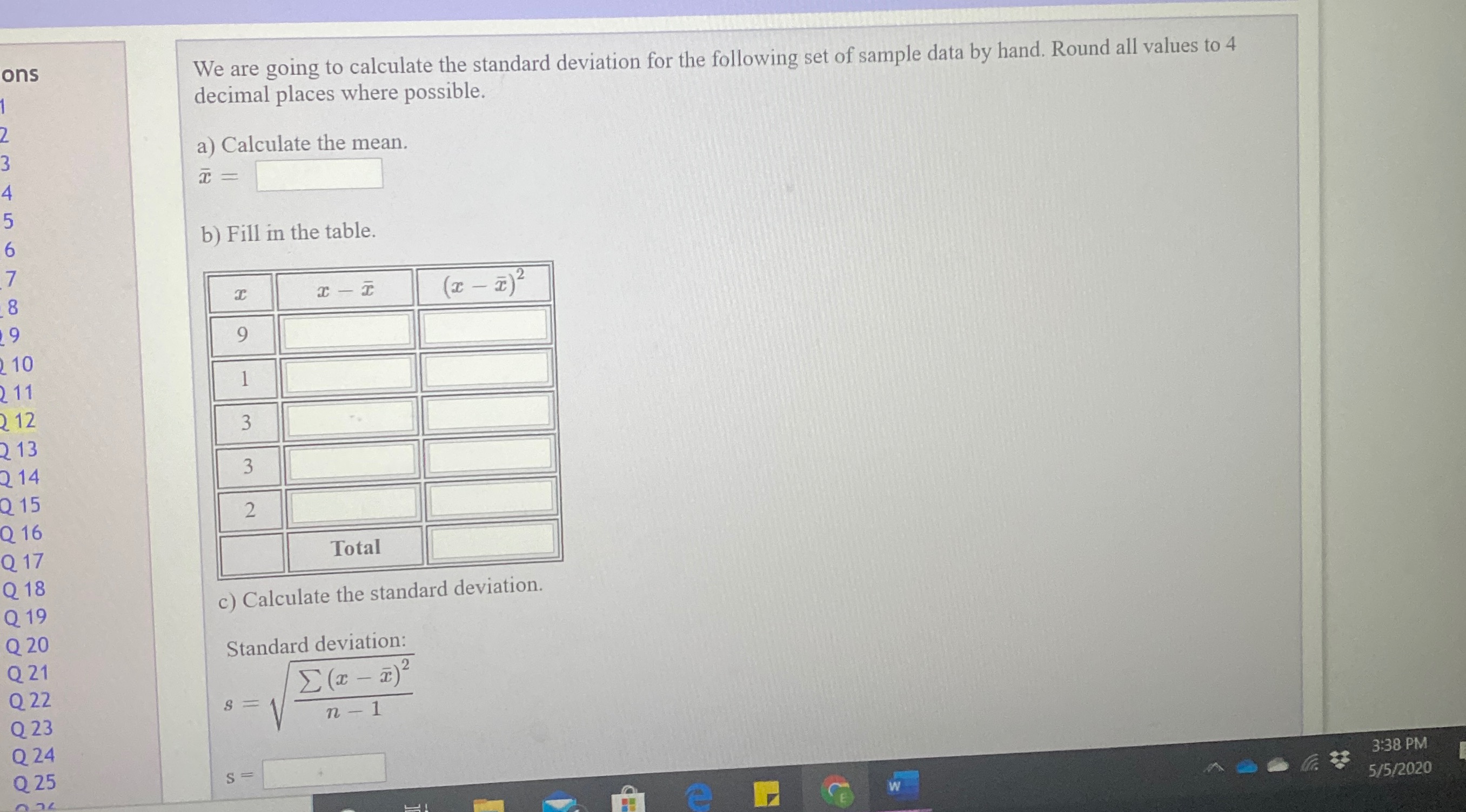 Standard deviation for following set of sample