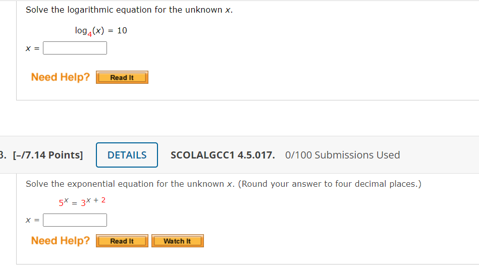 Solve the logarithmic equation for the unknown x.