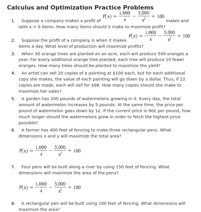 Calculus and Optimization Practice Problems 1,000