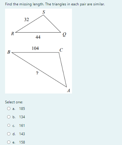 Find the missing length. The triangles in each