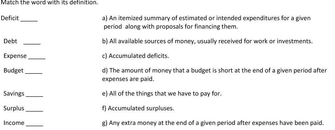 Match the word with its definition. Deficit a} An