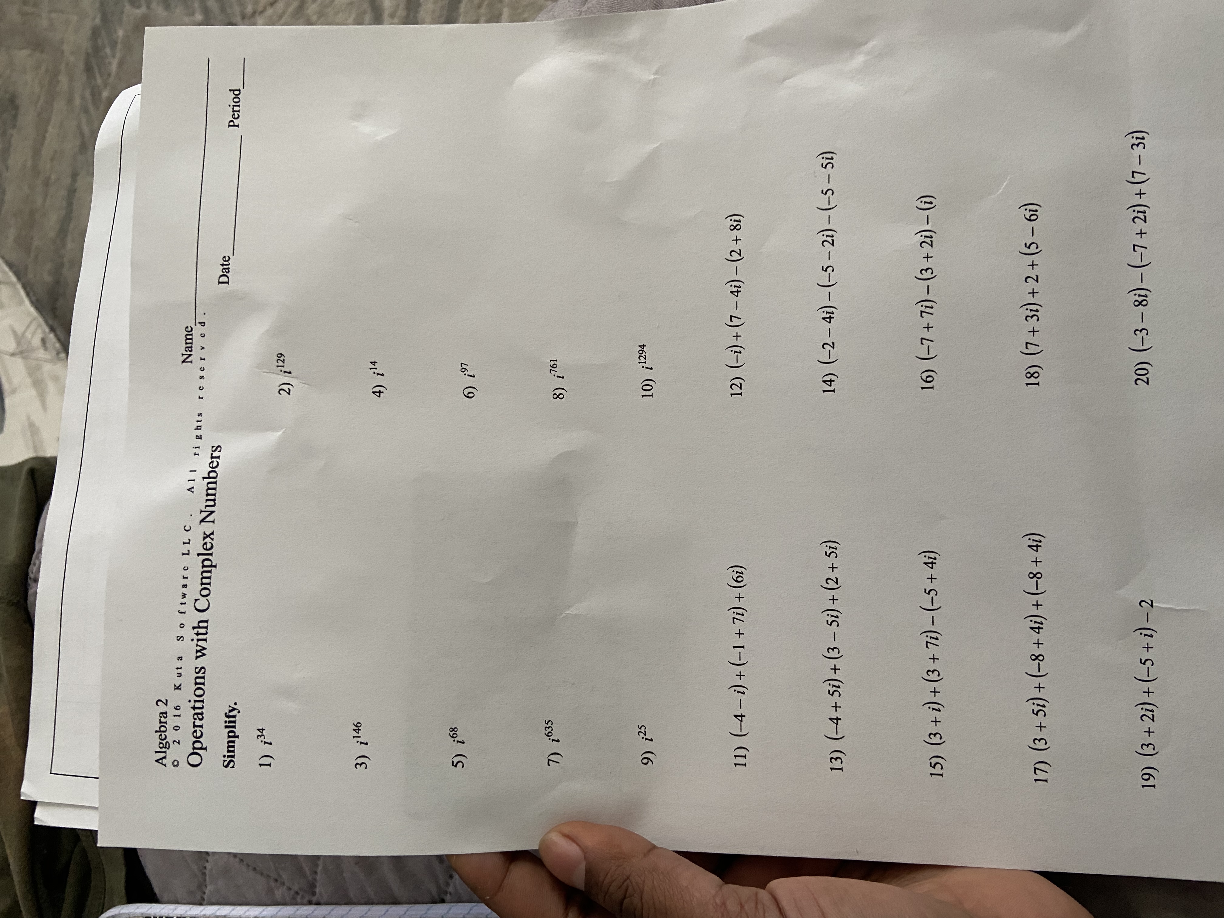 Algebra 2 2 0 16 Kuta Software LLC . All rights