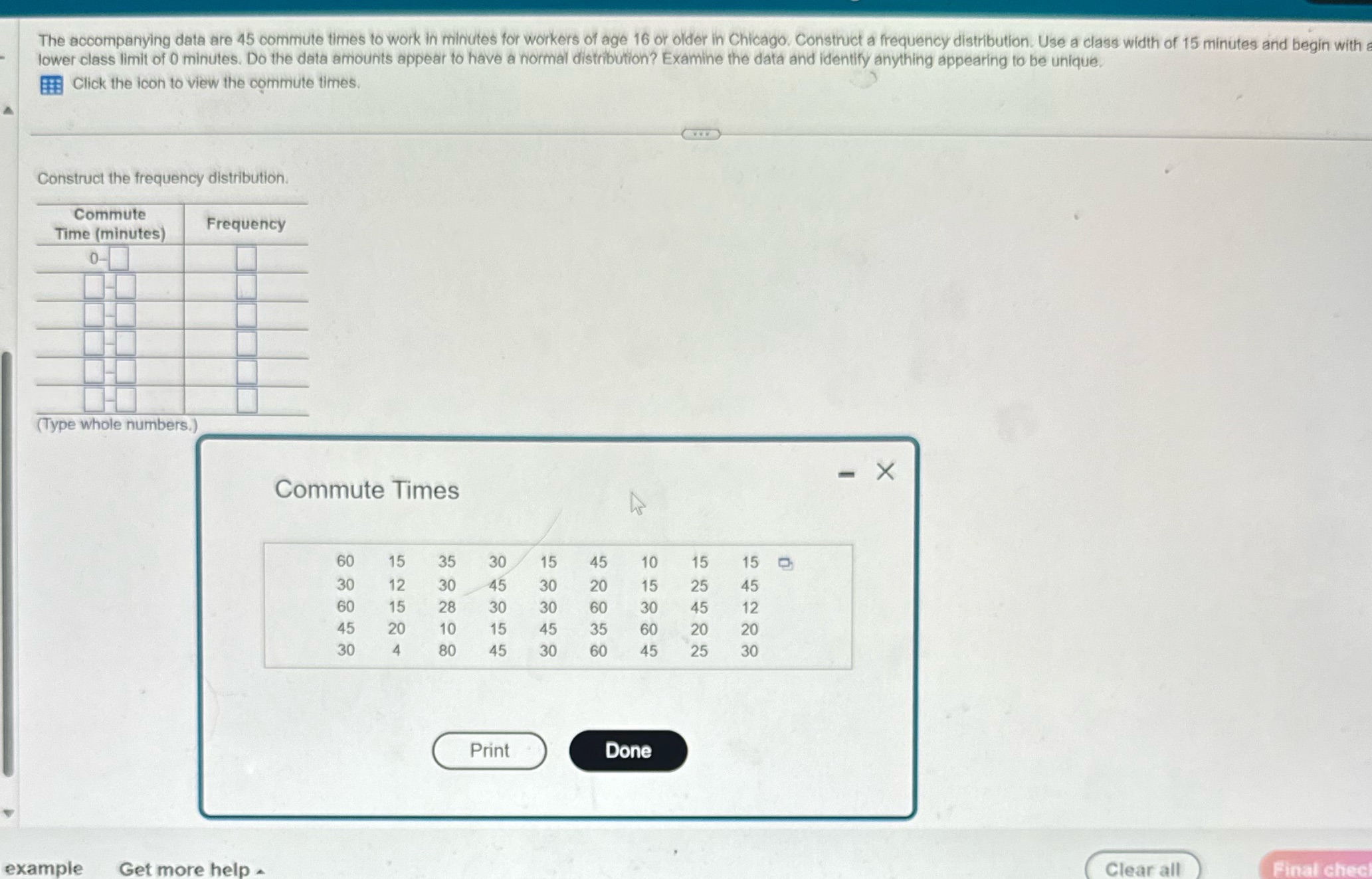The accompanying data are 45 commute times to