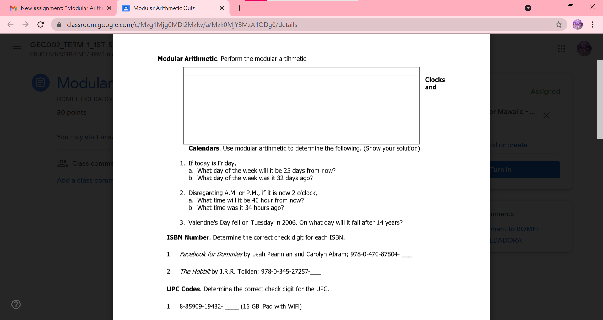New assignment: "Modular Arith: X Modular