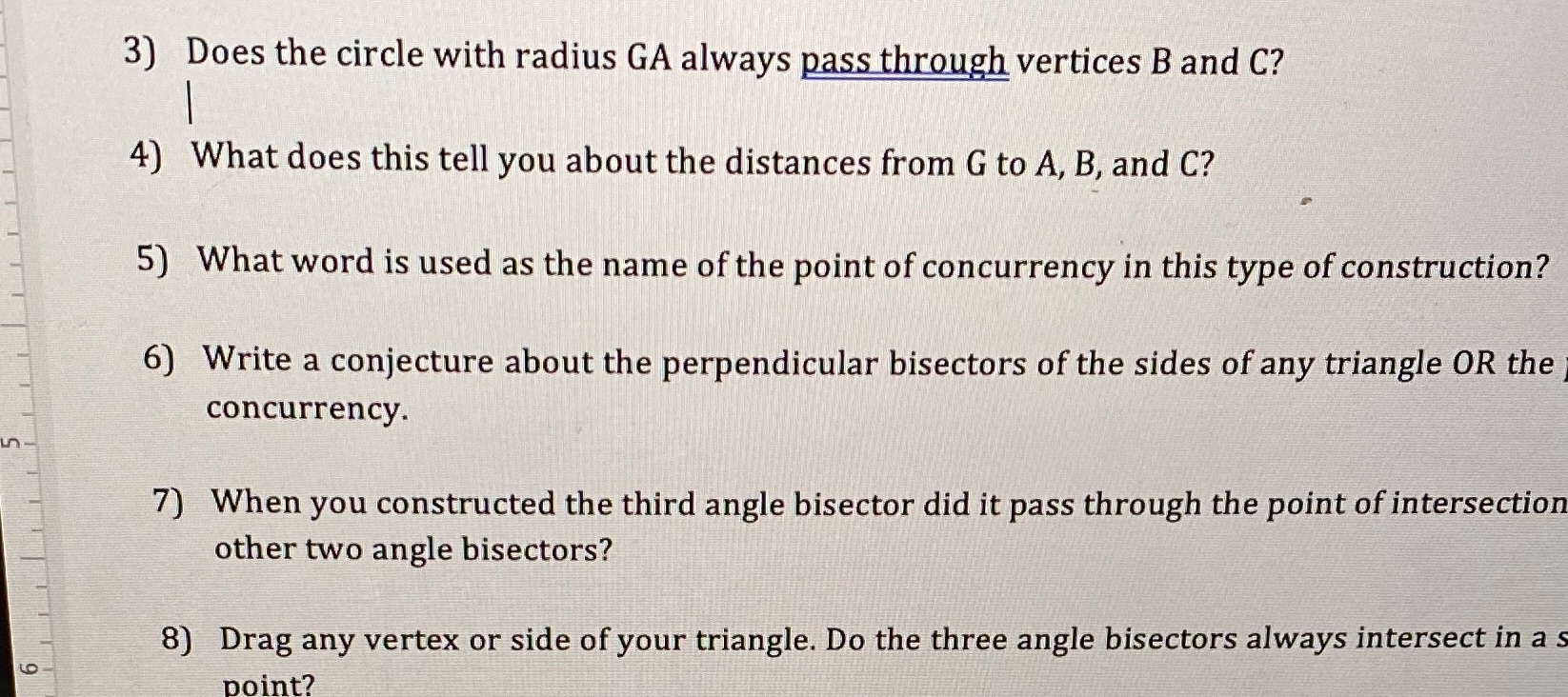 3) Does the circle with radius GA always pass