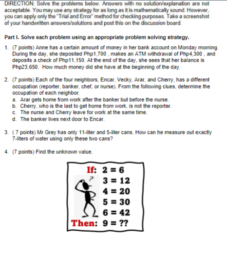 ANSWER PART I. (1-5) AND PART II. (6 AND 7 ( A