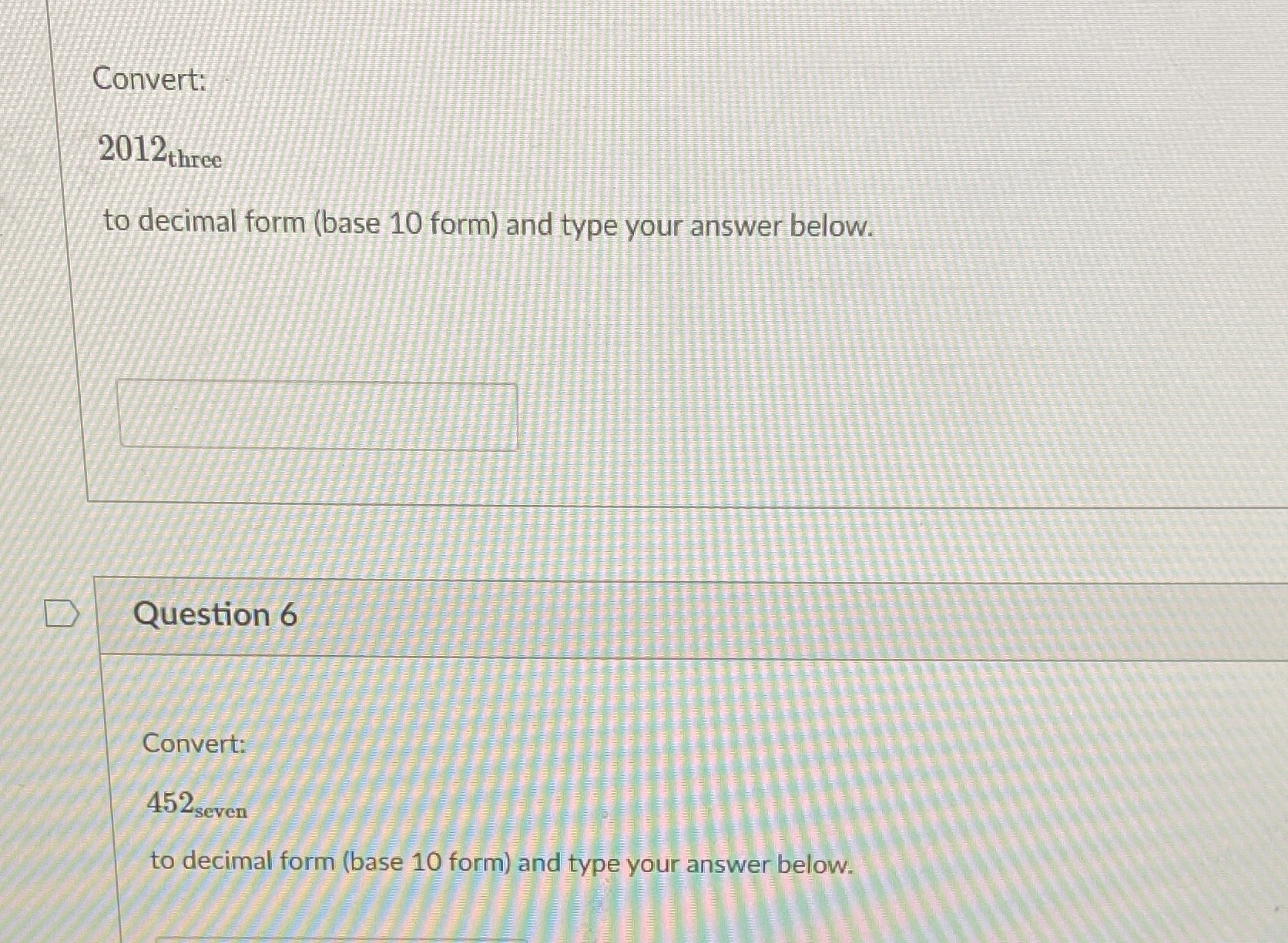 Convert: 2012three to decimal form (base 10 form)