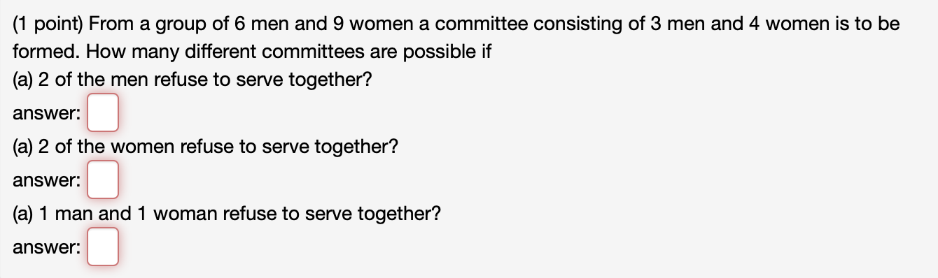 (1 point) From a group of 6 men and 9 women a