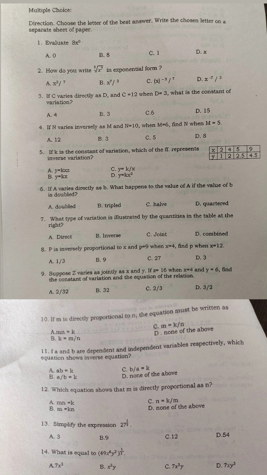 PLEASE ANSWER Multiple Choice: Direction. Choose