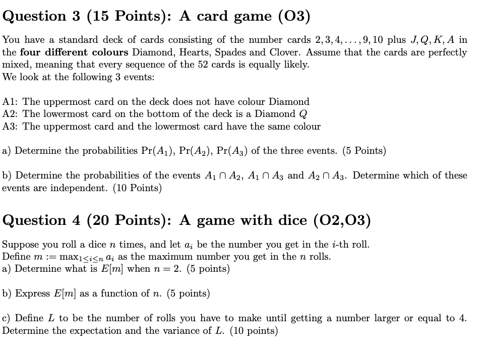 Question 3 (15 Points): A card game (03) You have