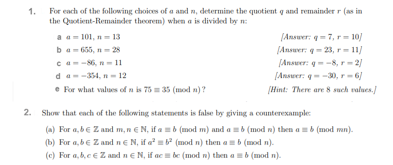 1. For each of the following choices of a and n,