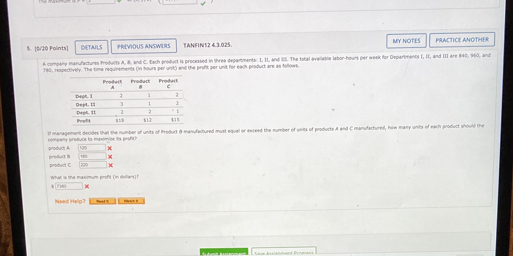 Finite Math 5. [0/20 Points] DETAILS PREVIOUS