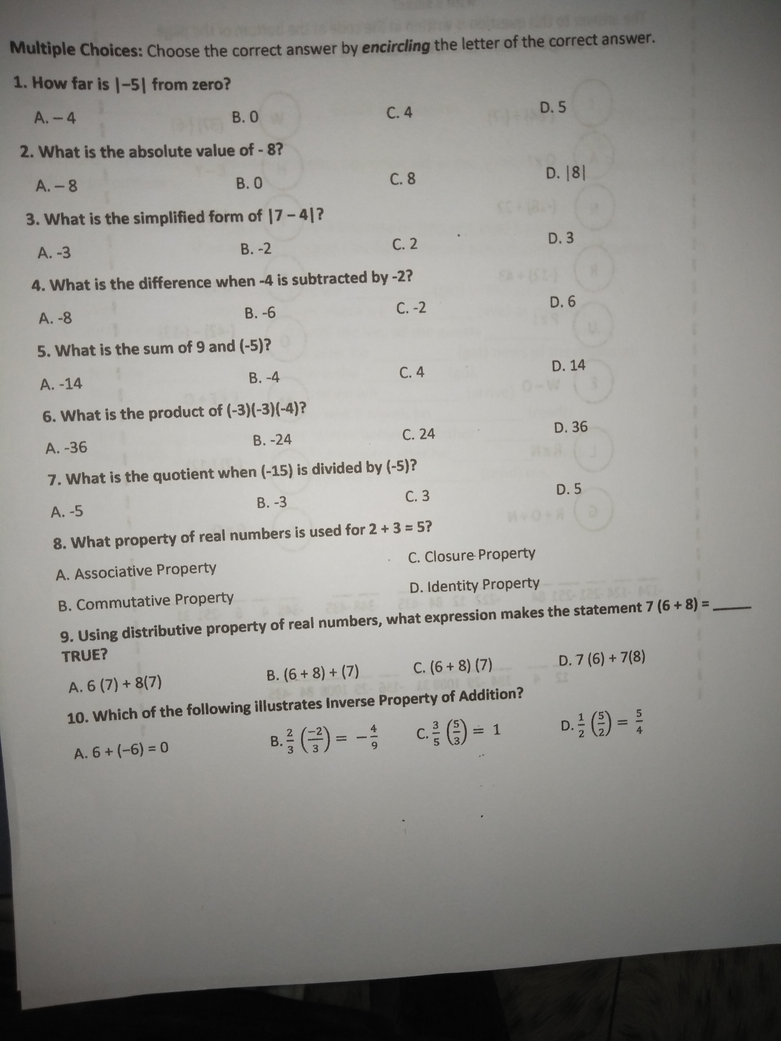 math Multiple Choices: Choose the correct answer
